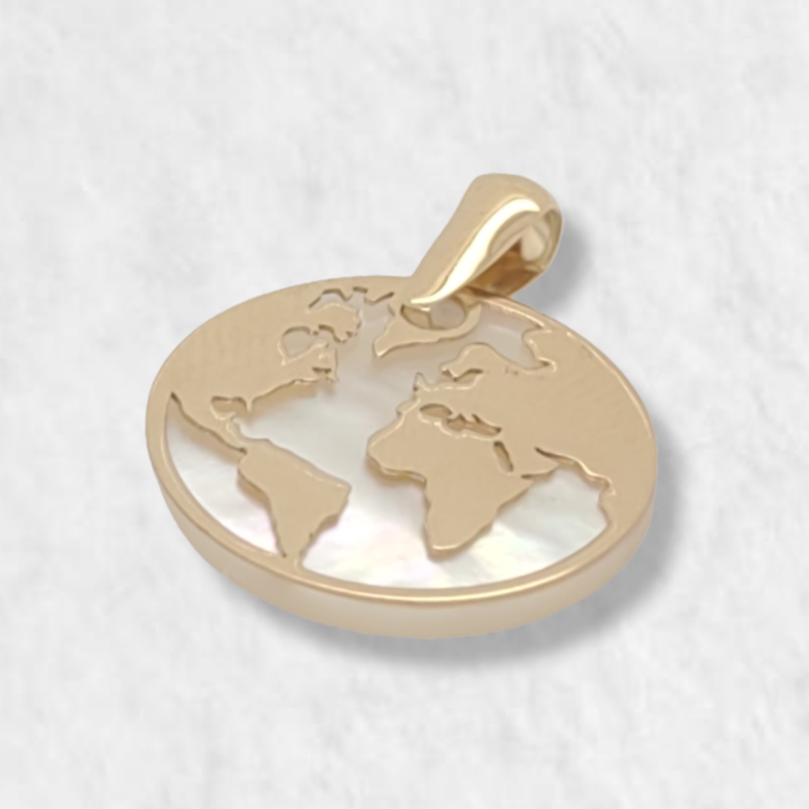 Mother of Pearl World Map Pendant - 18K Yellow Gold